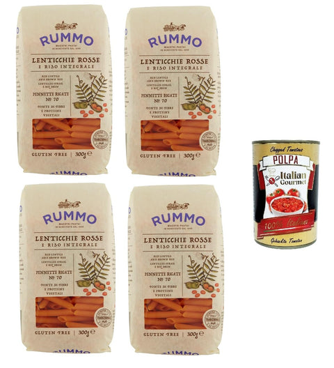 Rummo Pennette Rigate N°70 Gluten-Free Pasta with Lentils and Brown Rice 4x 300 g + Italian Gourmet Polpa 400 g