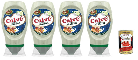 Calvé Tzaziki Sauce, Spice Sauce Based on Cucumbers and Garlic, Gluten-Free Condiment Sauce, Top Down 4 x 250 ml + Italian Gourmet Polpa 400 g
