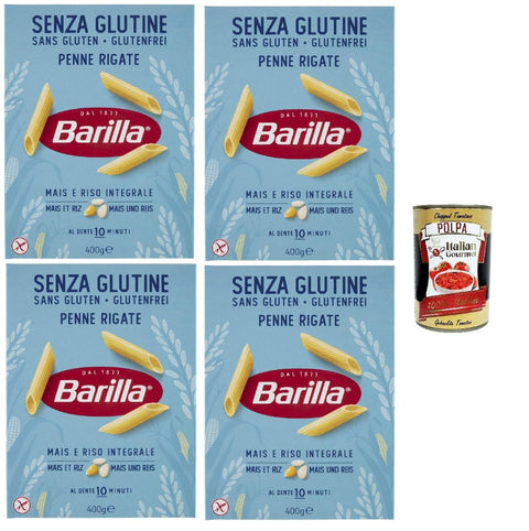 Barilla Gluten Free Penne Rigate - 4 x 400g (1.6kg) | Corn & Whole Grain Rice, al Dente in 10 Mins, Italian Tube Noodles - Gluten Free, Vegan, Ideal Sauce Adhesion + Italian Gourmet Polpa