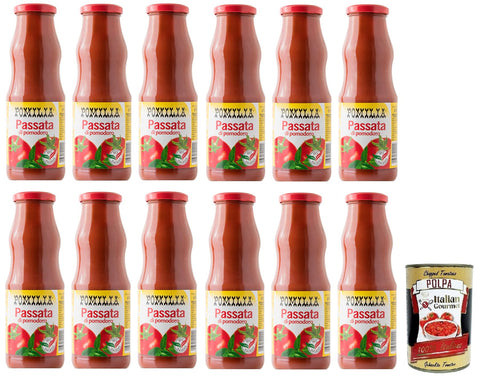 12 x Pomilia Passata di Pomodoro, Tomato Puree, 100% Italian Tomatoes, 690 g Glass + Italian Gourmet Polpa di Pomodoro 400 g Tin