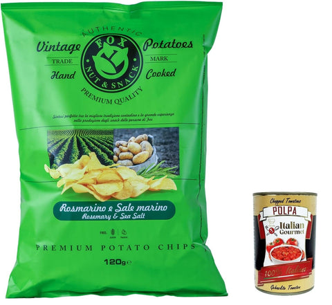 10 x Fox Natural Quality Vintage Potatoes Rosemary and Sea Salt, Premium Italian Handmade Potato Crisps Chips 120 g + Italian Gourmet Polpa 400 g