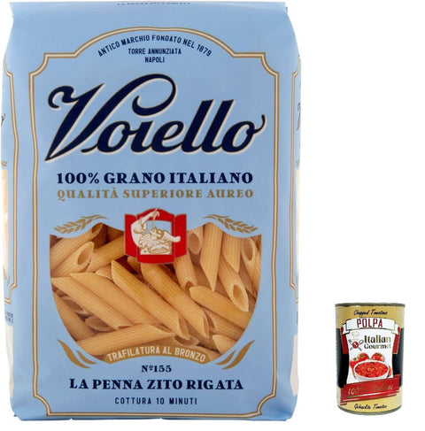 Voiello Pasta Penne Ziti Rigate Pasta 100% Italian N 155 500g + Italian Gourmet Polpa 400g Pack of 10