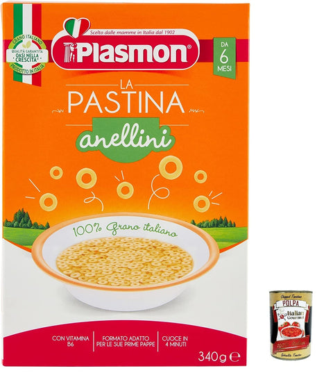 6 x plasmon Anellini Pastina Infanzia Svezzamento Dai 6 Mesi 340 Grammi + Italian Gourmet polpa 400 g