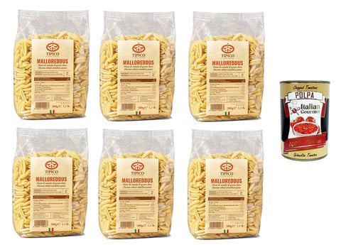 Tipico di Sardegna- Malloreddus Durum Wheat Semolina Pasta - 6 x 500 g + Italian Gourmet Polpa di Pomodoro 400 g