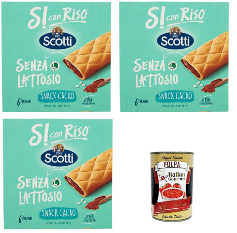 Riso Scotti, Si con Riso, Barretta Snack con Farina di Riso e Ripieno al Cacao, Snack Bar with Rice Flour and Lactose-free Cocoa Filling, Palm Oil Without 3 x 150 g + Italian Gourmet Polpa 400 g