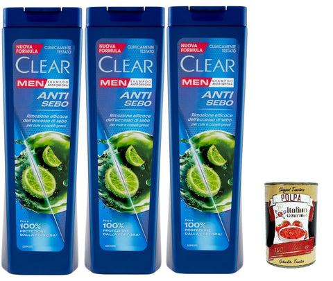 Clear Anti Sebo Men Shampoo for Hair and Oily Scalp - Anti-sebum Shampoo 3 x 225 ml + Italian Gourmet Polpa 400 g