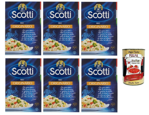 Riso Scotti Riso Originario, Italian Rice, Small and Round Rice Grains, 6 x 500 g Vacuum Packaging + Italian Gourmet Polpa 400 g