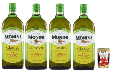 Monini Classico Extra Virgine Olive Oil 4 × 1 L - First Cold Pressing, Balanced Flavour, Ideal Raw & for Cooking, Italian Quality - + Italian Gourmet Polpa