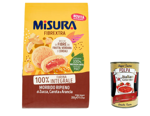 6 x Misura Frollino Integrale Fibrextra Whole Grain Biscuits Shortbread with Pumpkin, Carrot and Orange Filling, 100% Whole Grain Flour, 260 g + Italian Gourmet Polpa 400 g