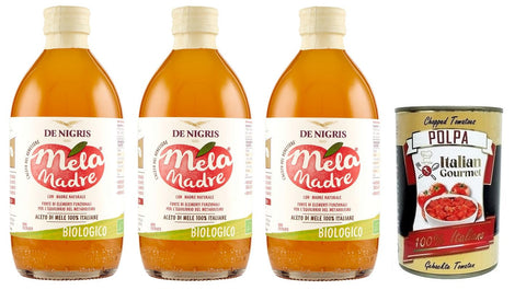 3 x De Nigris Mela Madre Aceto di Mele Biologico, Organic Apple Vinegar, 100% Italian Apples, 500 ml + Italian Gourmet Polpa di Pomodoro 400 g Tin