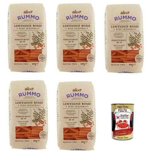 Rummo Lenticchie Rosse e Riso Integrale Pennette Rigate N° 70, Red Lentils and Rice Pasta, Gluten Free, Gluten Free, 5 x 300 g + Italian Gourmet Polpa 400 g