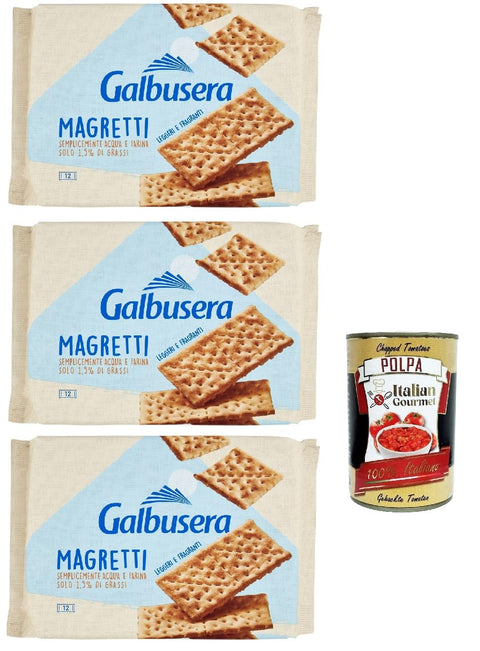 Galbusera Magretti cracker with 1.5% di grassi con Farina di Tipo 2, cracker with 1.5% fat with type 2 flour, 3 x 380 g + Italian Gourmet polpa 400 g