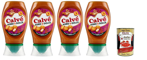 Calvé Sauce Agro & Dolce, Fruity Sweet and Sour Sauce, Gluten-Free Spice Sauce, Top Down 4 x 250 ml + Italian Gourmet Polpa 400 g