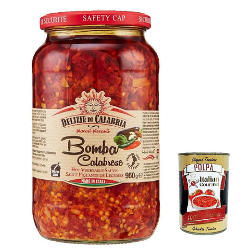 Delizia di Calabria, Bomba Calabrese, Italian Hot Sauce Spread, Spicy Italian Spice with Authentic Calabrian Chili, Fiery Hot Dip Salsa 980g + Italian Gourmet Polpa 400g