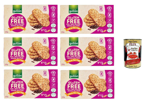 GULLON Biscotti di avena con gocce di cioccolato, senza glutine, oatmeal biscuits with chocolate chips, biscuits gluten free, gluten free 6 x 220 g + Italian gourmet polpa 400 g