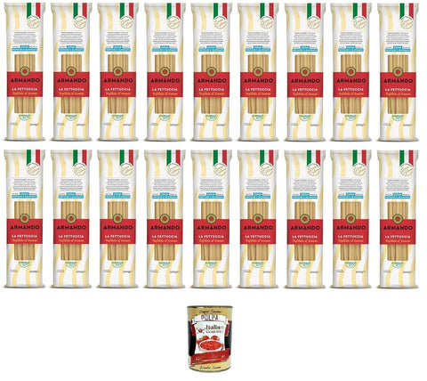 Armando La Fettuccia, Bronze Drawn Pasta, 100% Italian Pasta, 18 x 500 g + Italian Gourmet Polpa di Pomodoro 400 g Tin