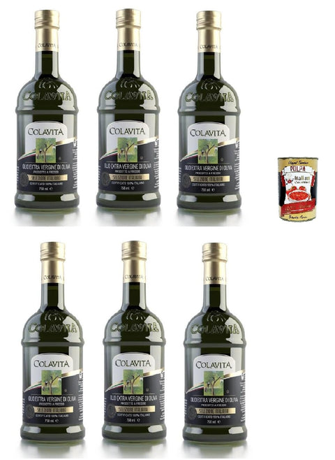 Colavita Olio Extra Vergine Di Oliva Selezione Italiana 6 x 750 ml, Extra Virgin Olive Oil 100% Italian + Italian Gourmet Polpa 400 g