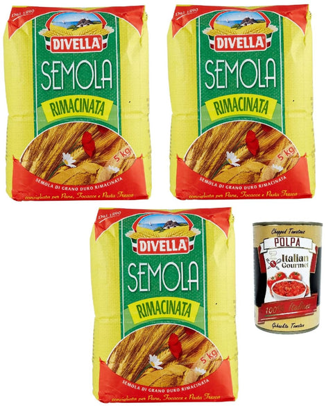 Divella Semola Rimacinata Durum Wheat Flour for Pasta & Pizza 3 x 5 kg + Italian Gourmet Polpa 400 g