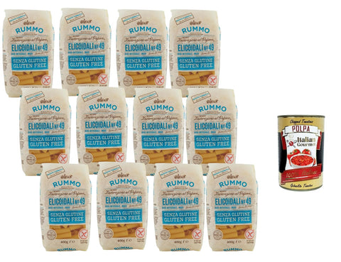 Rummo Elicoidali No.49 Gluten-Free Pasta from Whole Grain Rice & Corn, 12 x 400 g, Bronze Die, Italian Quality, Bite-Resistant & Sauce Binding + Italian Gourmet Polpa