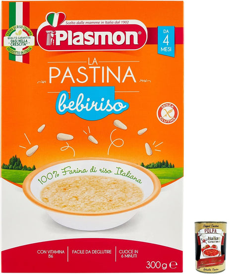 12 x Plasmon La Pastina Bebiriso 300 g Con Farina di riso 100% Italiano + Italian Gourmet polpa 400 g