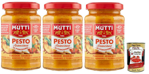 Mutti Pesto arancione di pomodoro, -45% of fat, pesto with yellow cherry tomatoes, almonds and pecorino cheese 3x 180g + Italian Gourmet polpa 400g