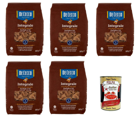 De Cecco Integrale Farfalle N° 93, Pasta Integrale, Whole Grain Pasta, 5 x 500 g + Italian Gourmet Polpa 400 g