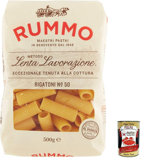 Rummo Rigatoni N. 50 Durum Wheat Semolina Pasta, Italian Pasta, 500 g Pack + Italian Gourmet Polpa di Pomodoro 400 g Tub, Pack of 10