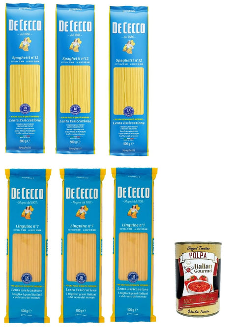 Pasta De Cecco Test Pack 100% Italian 3 x Spaghetti N 12 + 3 x Linguine n. 7 Noodles 500 g + Italian Gourmet Polpa 400 g