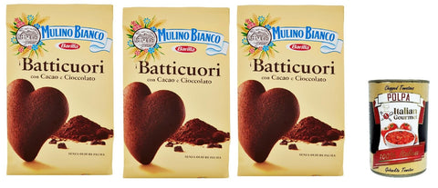 Mulino Bianco Batticuori 3 x 350 g | Italian Cocoa Biscuits with Chocolate, Heart-Shaped, No Palm Oil - Breakfast, Snack & Dessert - Family Pack + Italian Gourmet Polpa