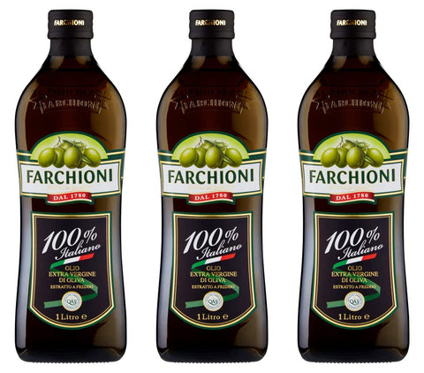 3 x Farchioni Olio Extra Vergine di Oliva 100% Italiano Extra Virgin Olive Oil with Italian Olives 1 Litre Cold Extraction Cooking Oil