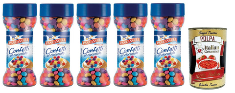 5 x Paneangeli Confetti Multicolour al Cioccolato, Colourful Chocolate Dragees, Pack of 65 g, Resealable with Measuring Cap + Italian Gourmet Polpa di Pomodoro 400 g Tin