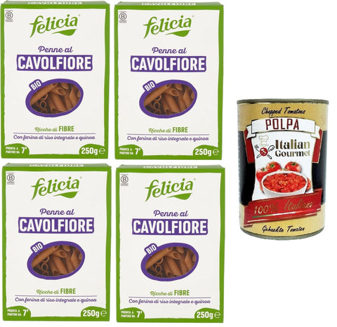 Felicia Penne al Cavolfiore Con farina di riso integrale e quinoa cauliflower penne with brown rice flour and quinoa 4 x 250 g + Italian Gourmet polpa 400 g
