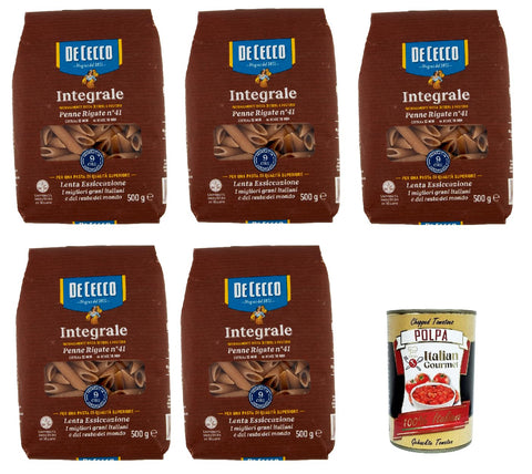 De Cecco Integrale Penne Rigate N° 41, Pasta Integrale, Whole Grain Pasta, 5 x 500 g + Italian Gourmet Polpa 400 g