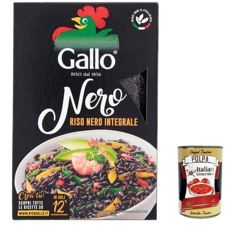12 x Gallo Riso Nero Integrale, Black Rice, Grown in Italy, Whole Grain, 500 g, Rich in Fibre and Antioxidants, Vacuum Packed + Italian Gourmet Polpa 400 g
