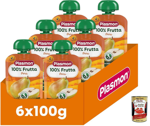 Plasmon 100% Frutta Pera 100g 6 Pouch Con aggiunta di Vitamin C, Solo Gli Zuccheri della Frutta + Italian Gourmet Polpa 400g