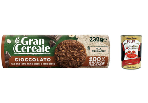 12 x Mulino Bianco Gran Cereale Cacao, Cocoa Biscuits with a Full Flavour, Rich in Fibre 230 g + Italian Gourmet Polpa 400 g