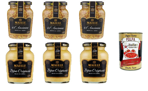 Maille Dijon Testapekt 3 x Original and 3 x à l Ancienne Old Style Coarse Mustard 6 x 200 g Glass + Italian Gourmet Polpa 400 g