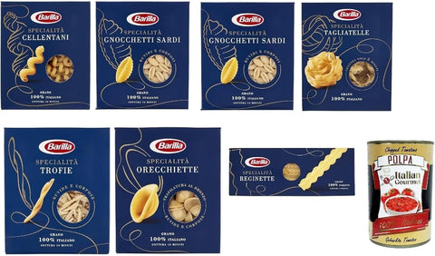 Barilla Specialità Mix 7 x 500 g - Cellentani, 2 x Gnocchetti Sardi, Tagliatelle, Trofie, Orecchiette, Reginette - 3.5 kg Storage Pack, al Dente from Italy + Italian Gourmet Polpa
