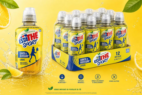 Estathè Sport Limone Refreshing lemon-flavored drink with minerals and a practical sports cap for school, office, training, football, tennis, fitness 12 x 250ml