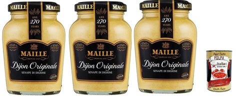 Maille Mustard Digione Originale, seinf, Traditional Dijon Mustard with Smooth and Creamy Texture, Perfect for Sandwiches, Chicken and Fish Recipes, 3 x 215 g + Italian Gourmet Polpa 400 g