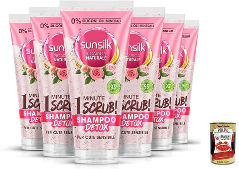 6 x Sunsilk Detox Shampoo, Hair Scrub with Rose Extracts, Shampoo Scrub for Sensitive Scalp + Italian Gourmet Polpa 400 g