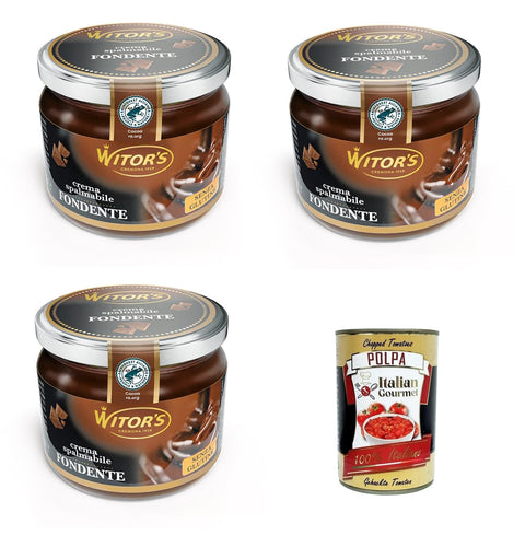 Witor's Crema Fondente - Italian Dark Chocolate Cream - Spread with Intense Cocoa Flavour - 3 x 200 g Glass + Italian Gourmet Polpa 400 g