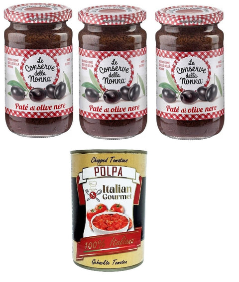 Le Conserve Della Nonna - Patè di Olive Nere Black Olive Pie - 3 Glasses of 190 g + Italian Gourmet Polpa 400 g