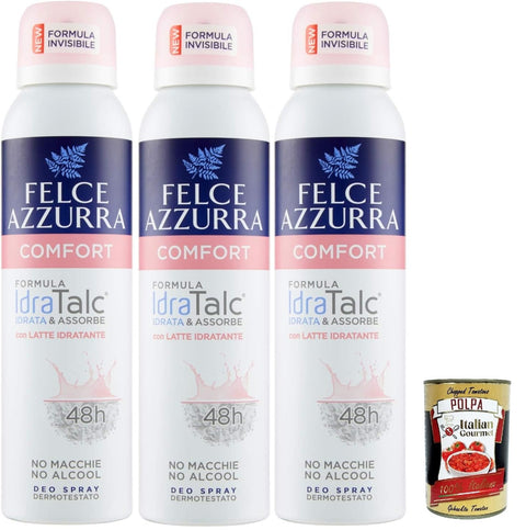 Felce Azzurra, Comfort con Latte Idratante Deodorant Spray with Moisturising Milk, Effective for 48 Hours, Leaves No Stains, 3 x 150 ml + Italian Gourmet Polpa 400 g