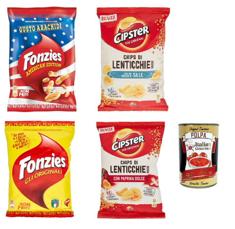 Fonzies Cipster Test Pack 2 x 100 g 2 x 80 g, Crispy Corn Snack with Peanuts + Italian Gourmet Polpa 400 g