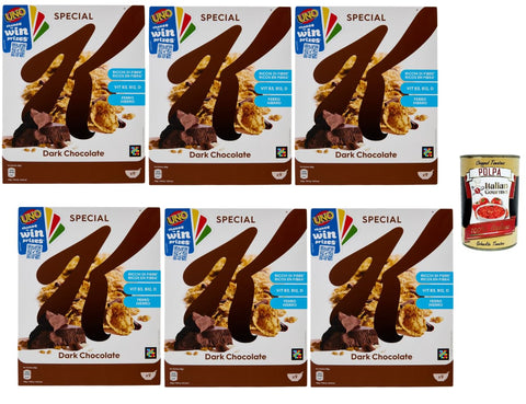 Special K Dark Chocolate Cereal Flakes 6 x 290 g Crispy Breakfast Cereals with Dark Chocolate Fibre-Rich with Vitamins Storage Pack for Milk & Yoghurt + Italian Gourmet Polpa