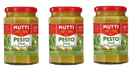 3x Mutti Pesto Verde Pomodori Verdi Green Tomato Pesto Pasta Sauce 100% Italian Tomato Jar 180 g Seasoning Sauces with Cashew Nuts, Grana Padano and Pecorino Romano