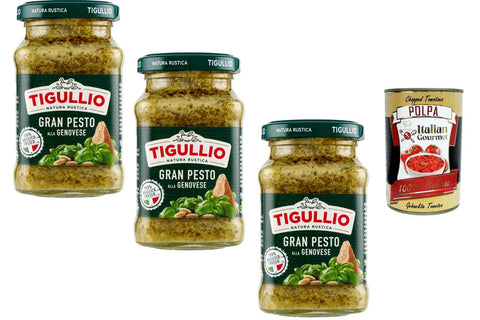 Tigullio Gran Pesto alla Genovese, 3 x 190 g glass, Italian basil pesto sauce for pasta and bruschetta, no cooking effort, intense flavour + Italian gourmet polpa