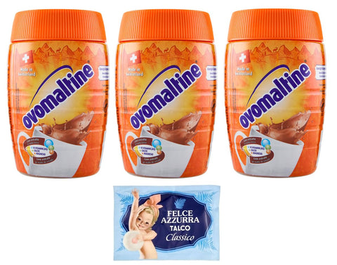 Pack of 3 Ovomaltine Malt Drink Powder Cocoa Flavour 400 g + 1 Pack Free Felce Azzurra Talcum Powder, 100 g Bag