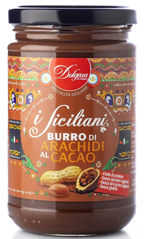Dolgam I Siciliani Burro di Arachidi al Cacao Cocoa Peanut Butter Sicilian Specialities Glass Jar of 300 g Spreadable Cocoa Peanut Butter Gluten Free